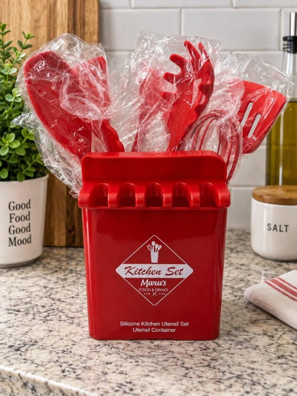 Red Kitchen 8 Piece Silicone Bamboo Utensil Set Container